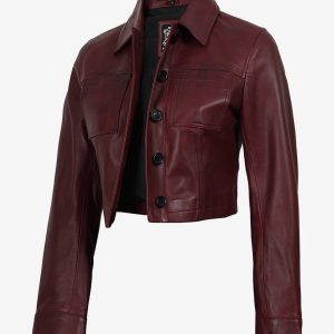 Women's Burgundy Wax Cropped Harrington Leather Jacket