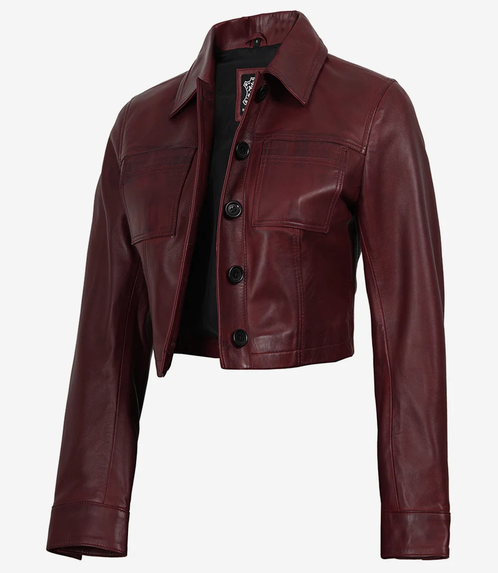 Women's Burgundy Wax Cropped Harrington Leather Jacket
