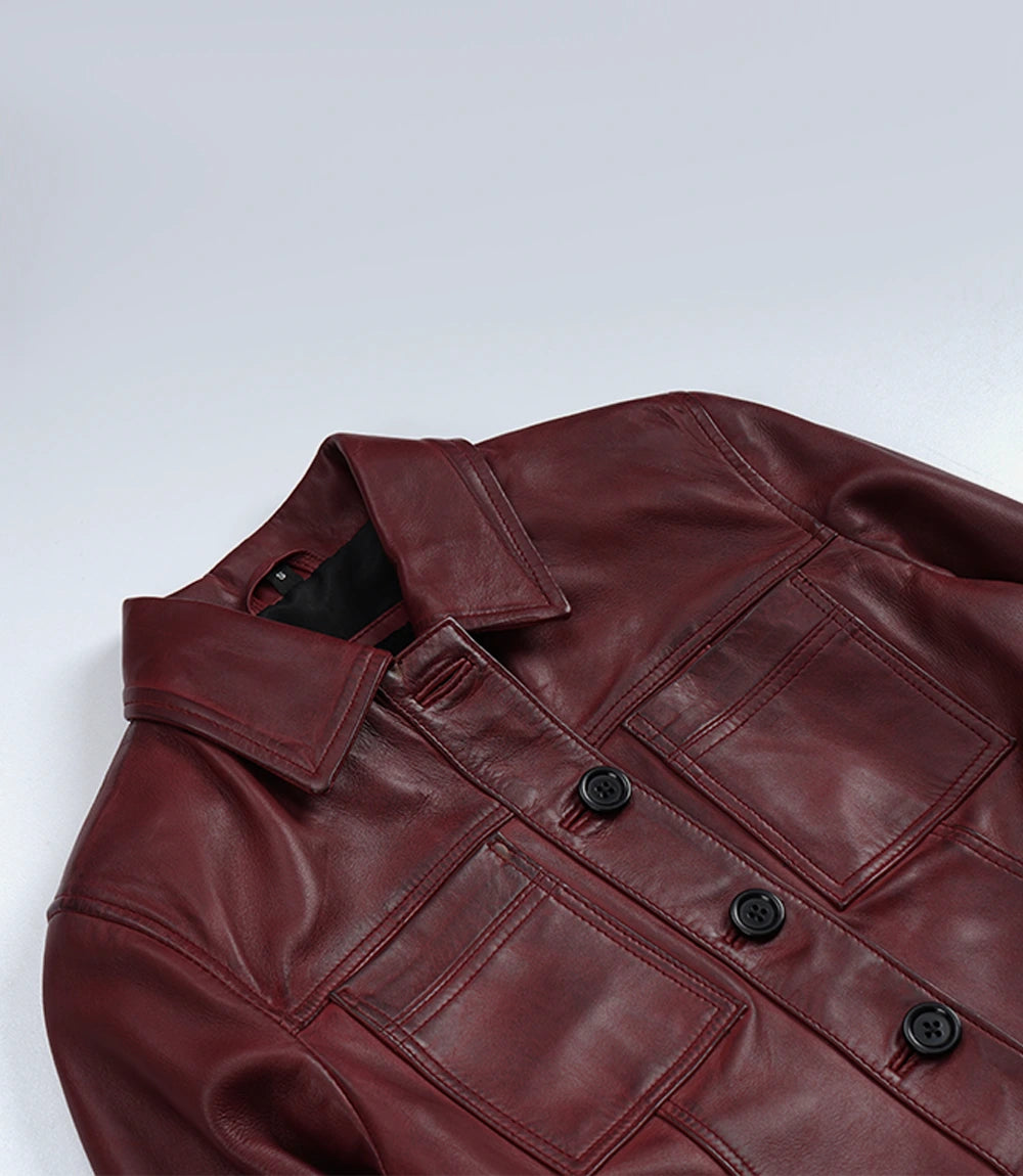 Women's Burgundy Wax Cropped Harrington Leather Jacket - Image 5
