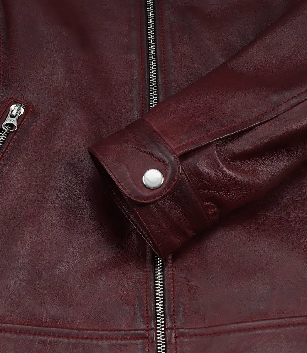 Women's Burgundy Wax Lambskin Cafe Racer Jacket - Image 6