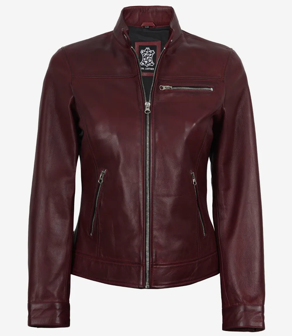 Women's Burgundy Wax Lambskin Cafe Racer Jacket - Image 4