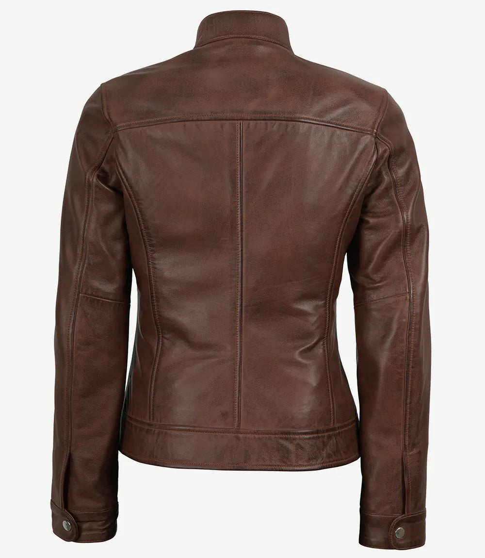 Women's Cognac Wax Cafe Racer Style Leather Jacket - Image 4