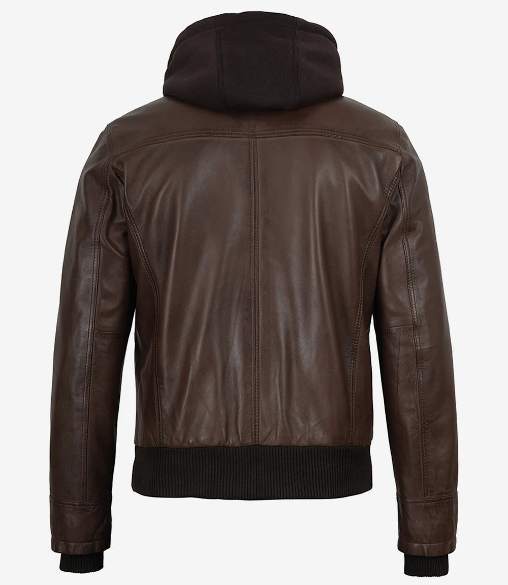 Men's Dark Brown Bomber Leather Jacket With Removable Hood - Image 6