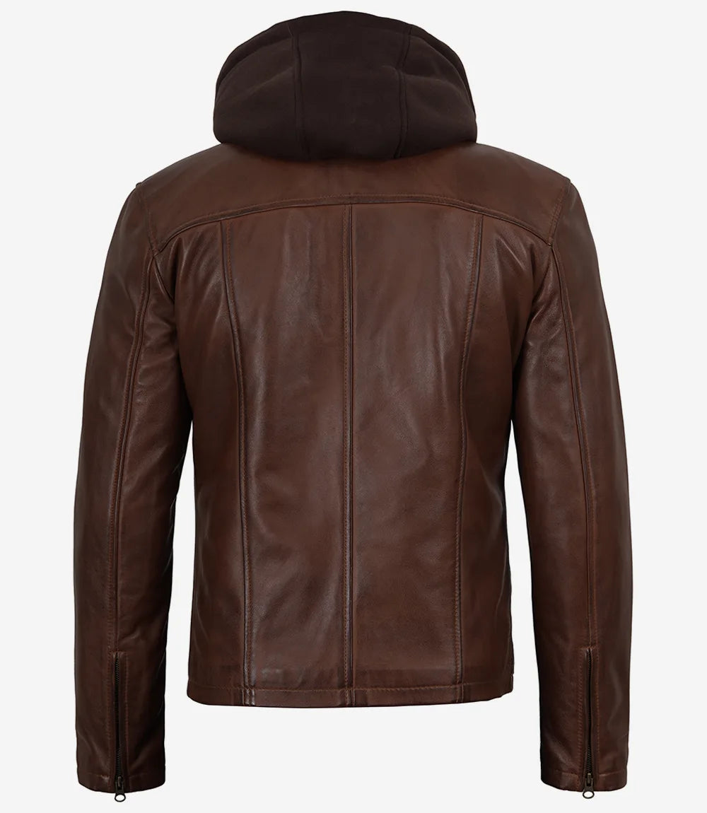 Mens Cognac Wax Cafe Racer Style Leather Jacket with Removable Hood - Image 6