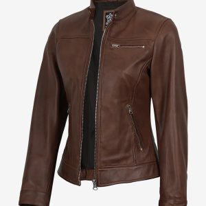 Women's Cognac Wax Cafe Racer Style Leather Jacket