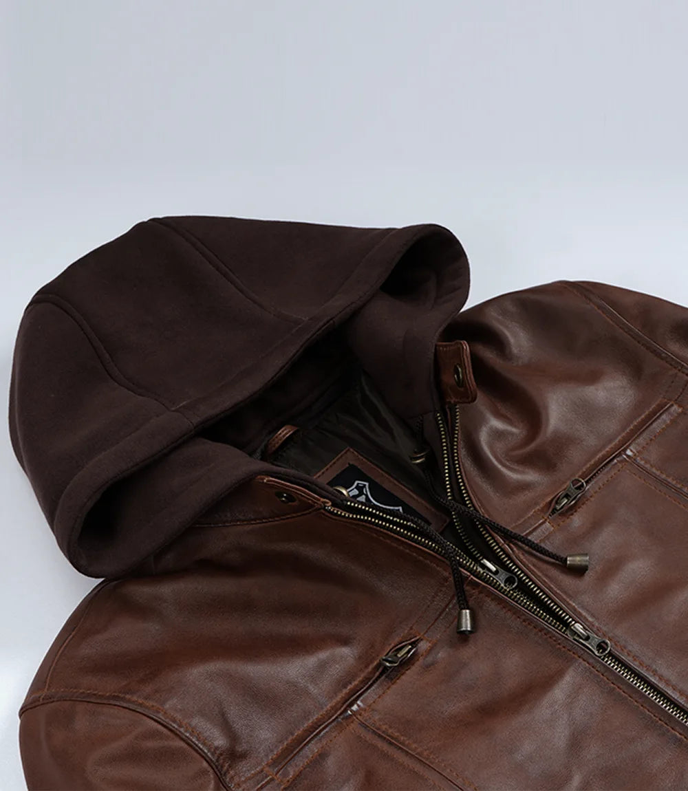 Mens Cognac Wax Cafe Racer Style Leather Jacket with Removable Hood - Image 8