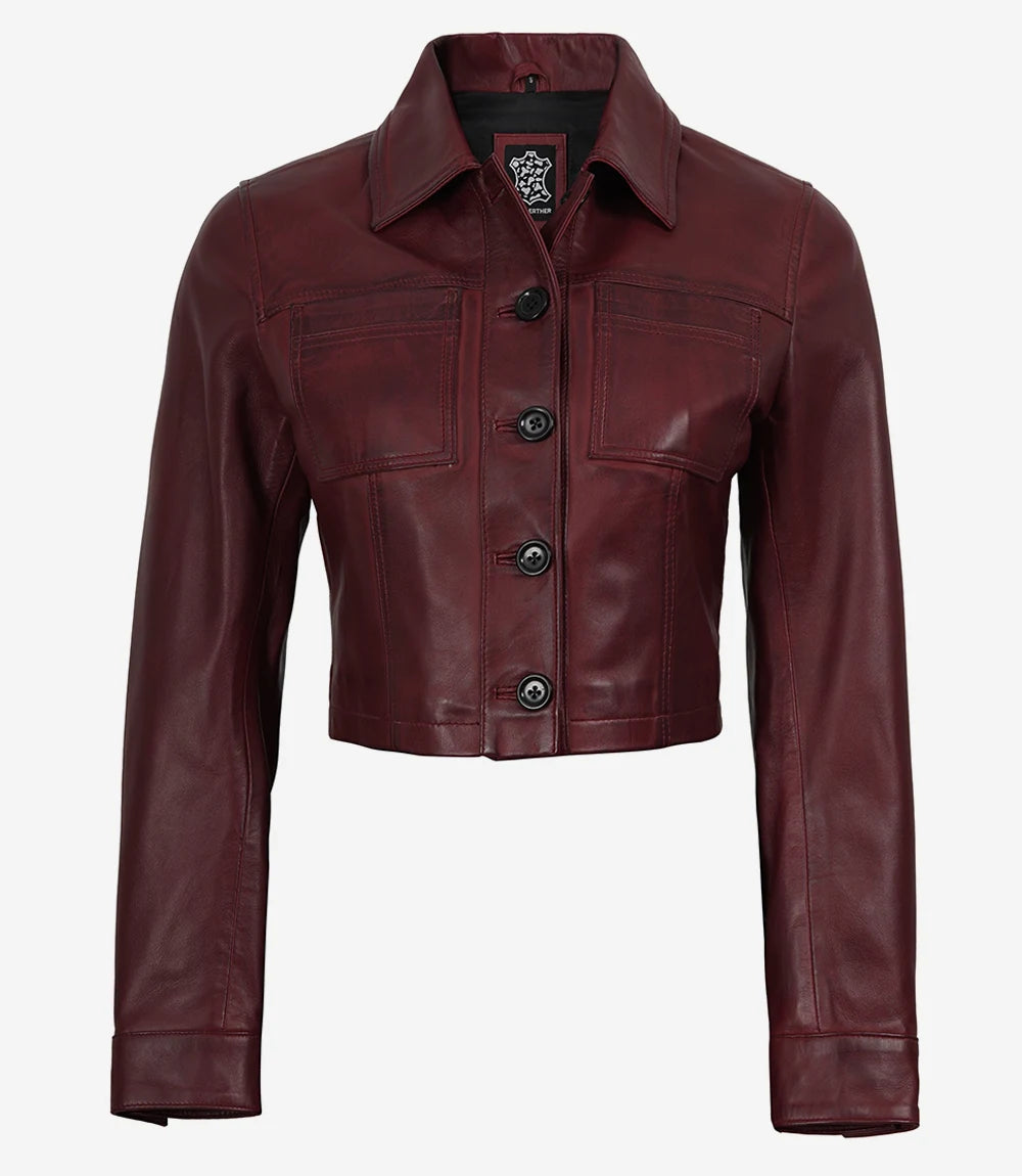 Women's Burgundy Wax Cropped Harrington Leather Jacket - Image 3