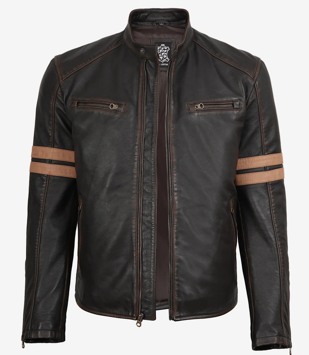 Men's Dark Brown Rub-Off Lambskin Cafe Racer Jacket with Tan Stripes - Image 3