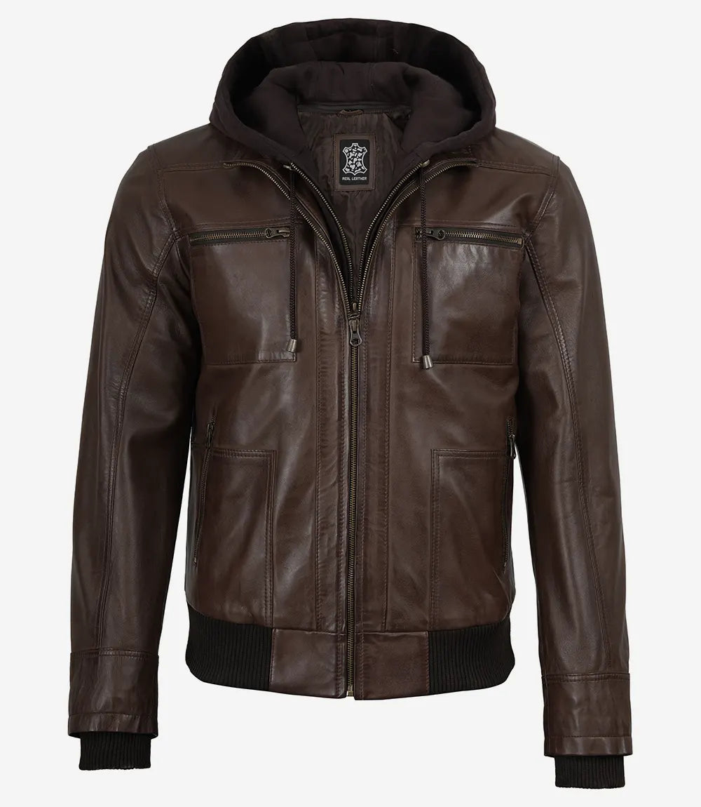 Men's Dark Brown Bomber Leather Jacket With Removable Hood - Image 3