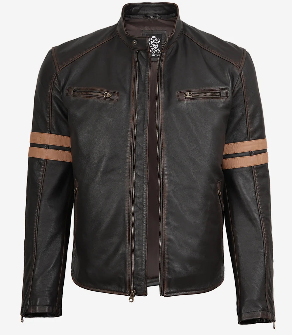 Men's Dark Brown Rub-Off Lambskin Cafe Racer Jacket with Tan Stripes - Image 5