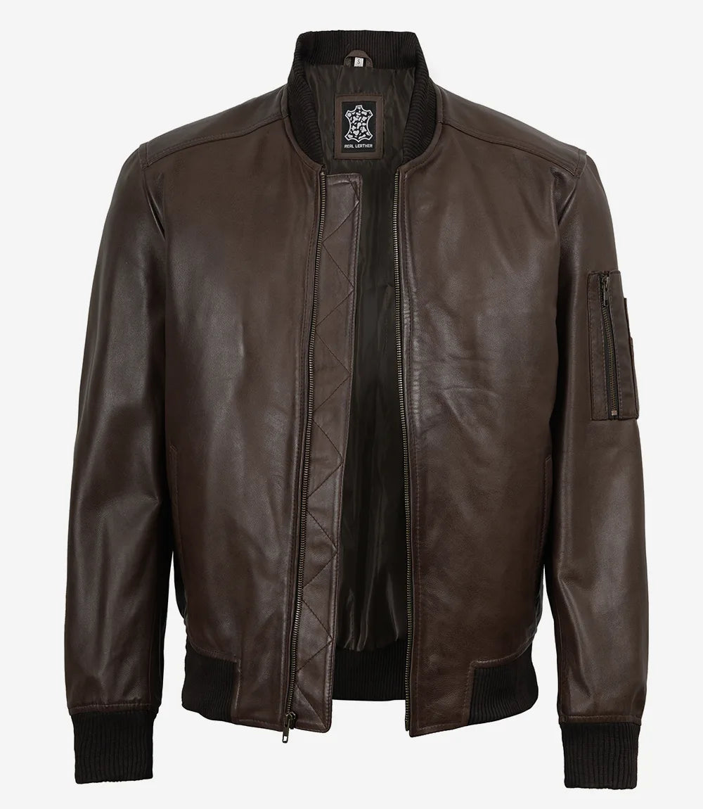 Men's Dark Brown Bomber Leather Flight Jacket - Image 2