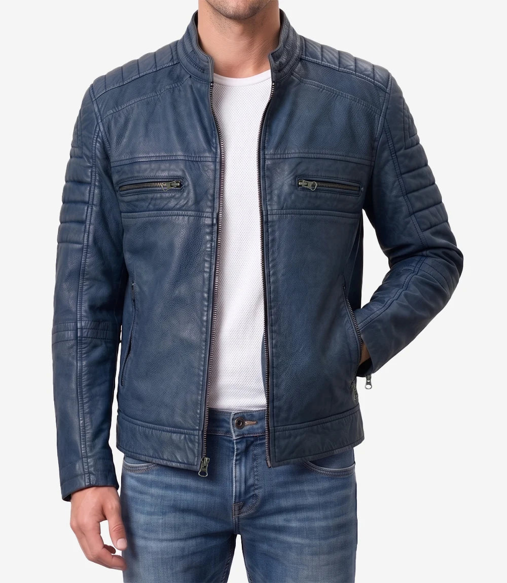 Men's Washed Blue Cafe Racer Style Leather Jacket - Image 2