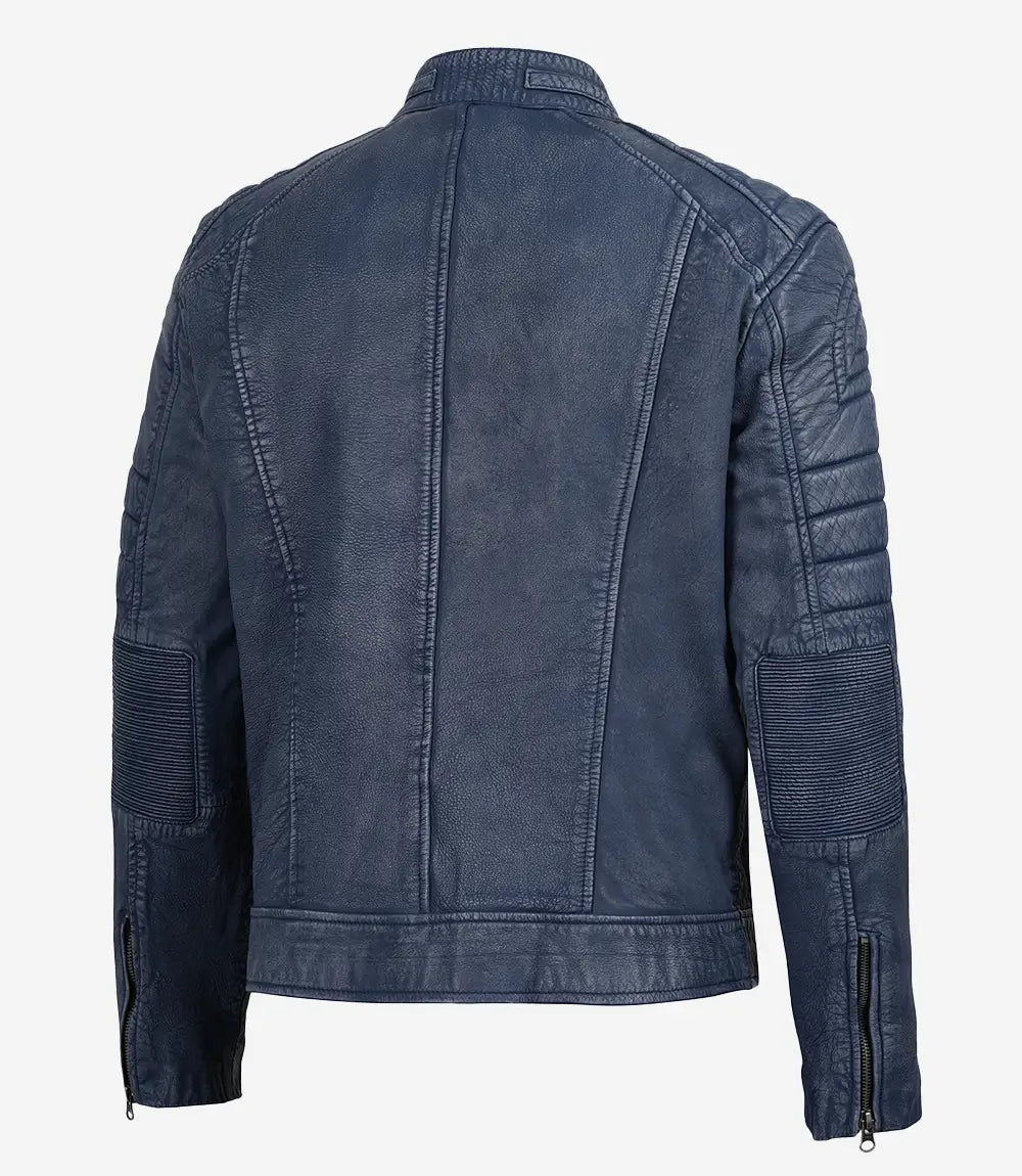 Men's Washed Blue Cafe Racer Style Leather Jacket - Image 3