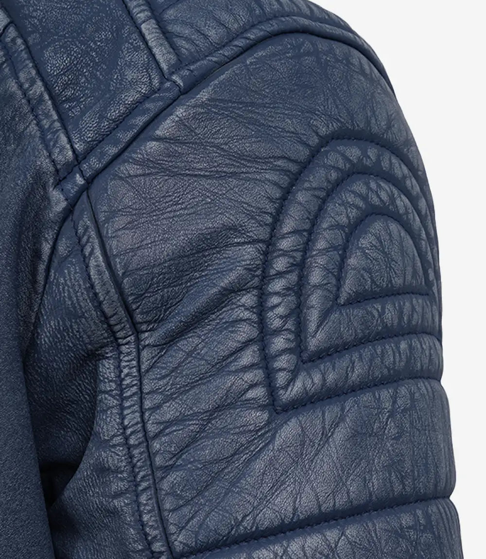 Men's Washed Blue Cafe Racer Style Leather Jacket - Image 5