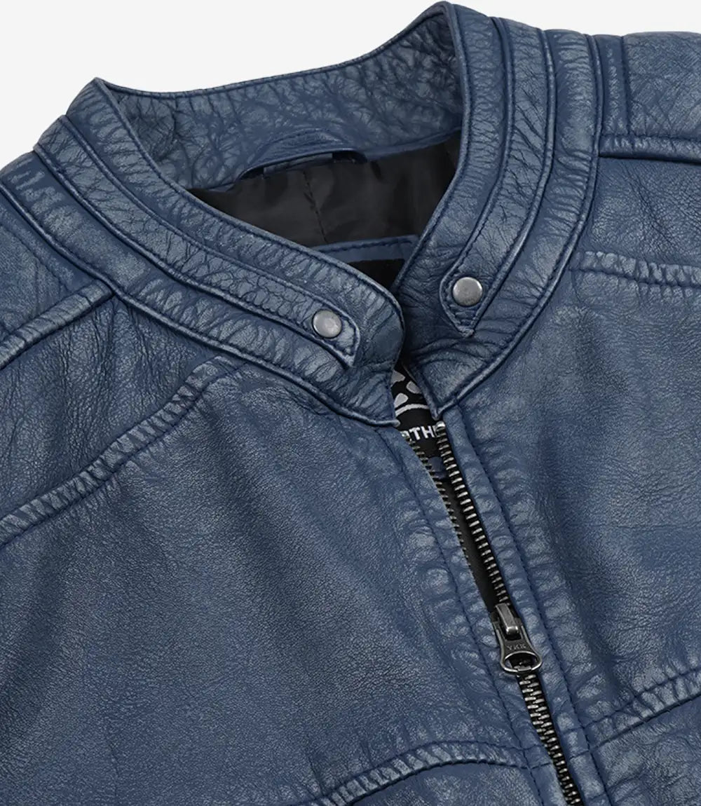 Men's Washed Blue Cafe Racer Style Leather Jacket - Image 4