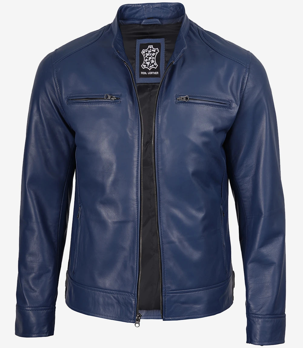 Men's Blue Lambskin Cafe Racer Jacket - Image 3