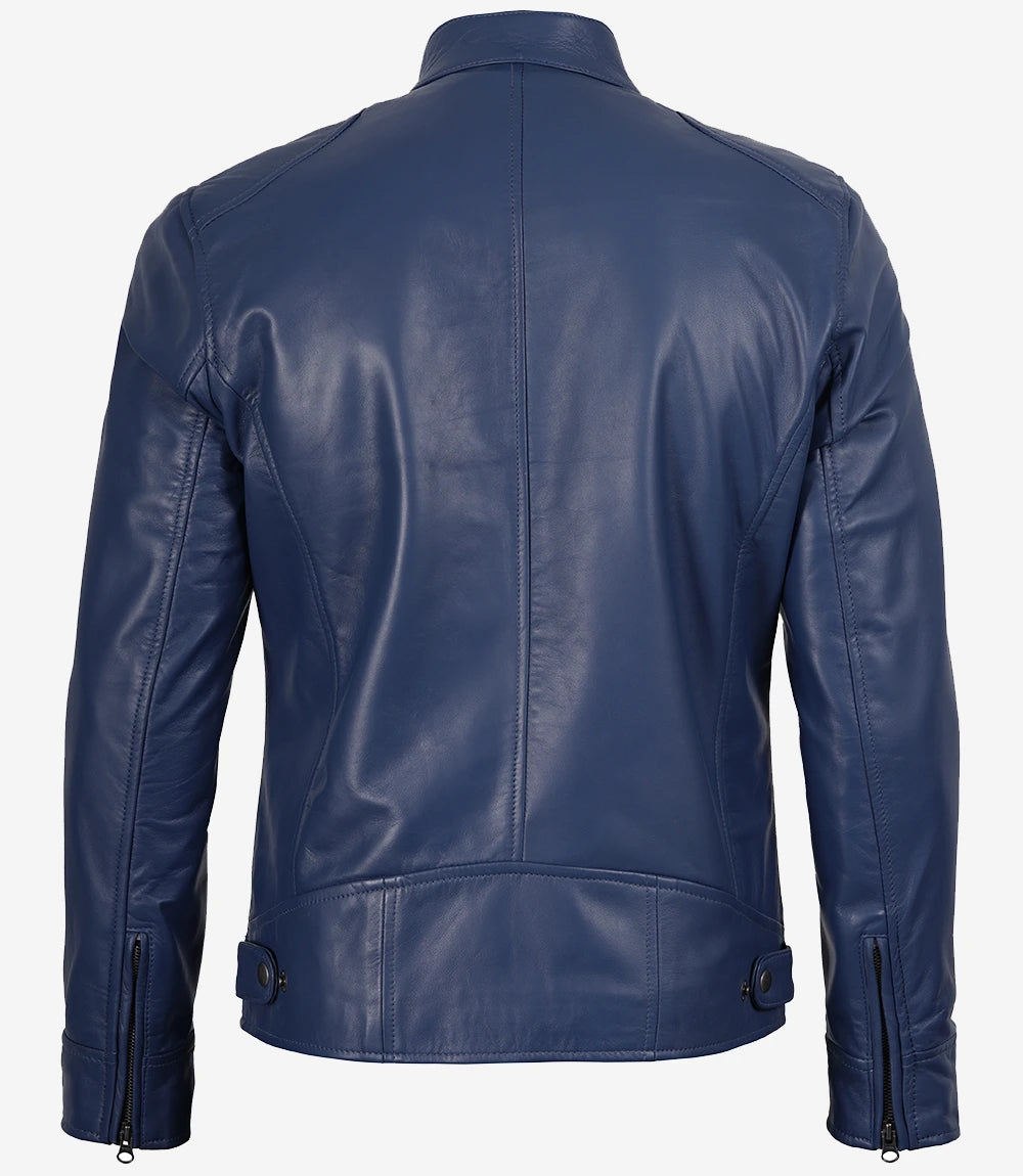 Men's Blue Lambskin Cafe Racer Jacket - Image 2