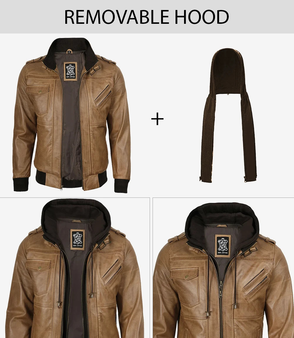 Men's Camel Brown Lambskin Bomber Jacket with Removable Hood - Image 2