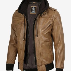 Men's Camel Brown Lambskin Bomber Jacket with Removable Hood