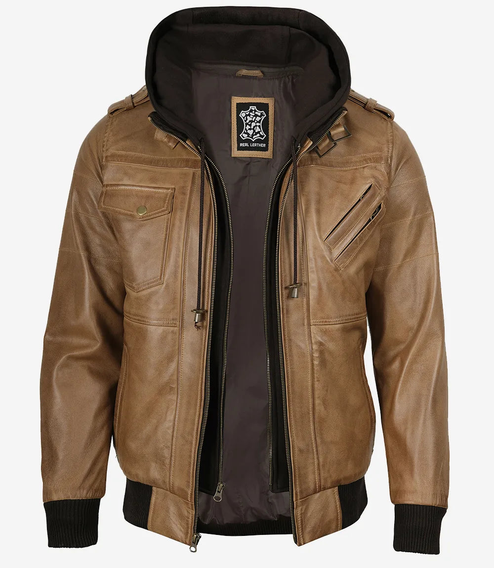 Men's Camel Brown Lambskin Bomber Jacket with Removable Hood - Image 5