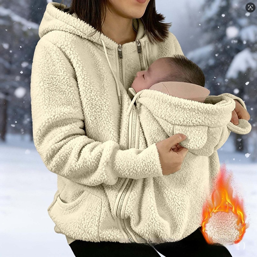 Corduroy Hooded Sweatshirt With Baby-pocket Women's Thickened Zip-up Jacket For Parent-Child Matching Outfits - Image 4