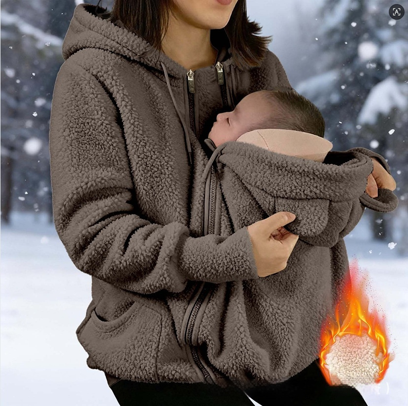 Corduroy Hooded Sweatshirt With Baby-pocket Women's Thickened Zip-up Jacket For Parent-Child Matching Outfits - Image 10