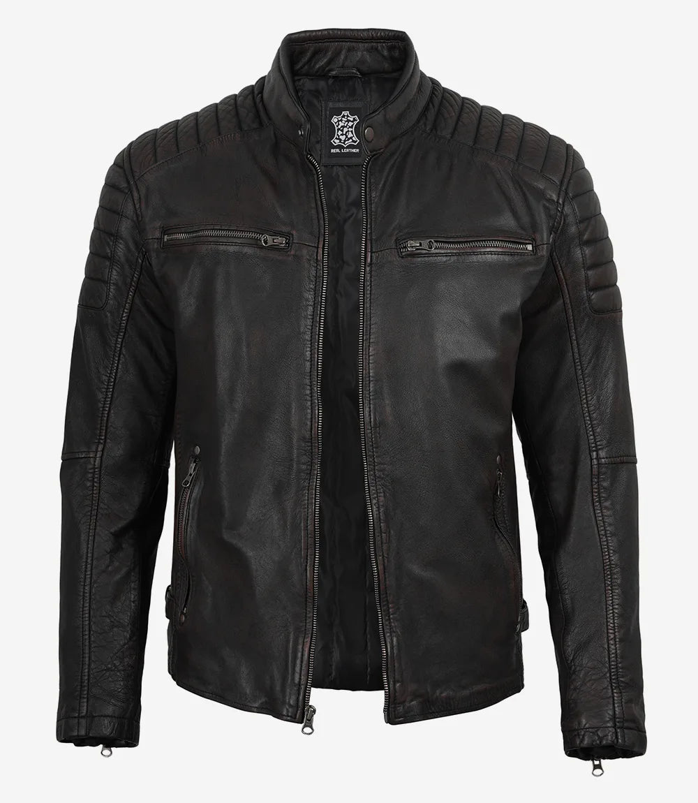 Men's Maroon Distressed Black Washed Leather Jacket - Biker Style - Image 2