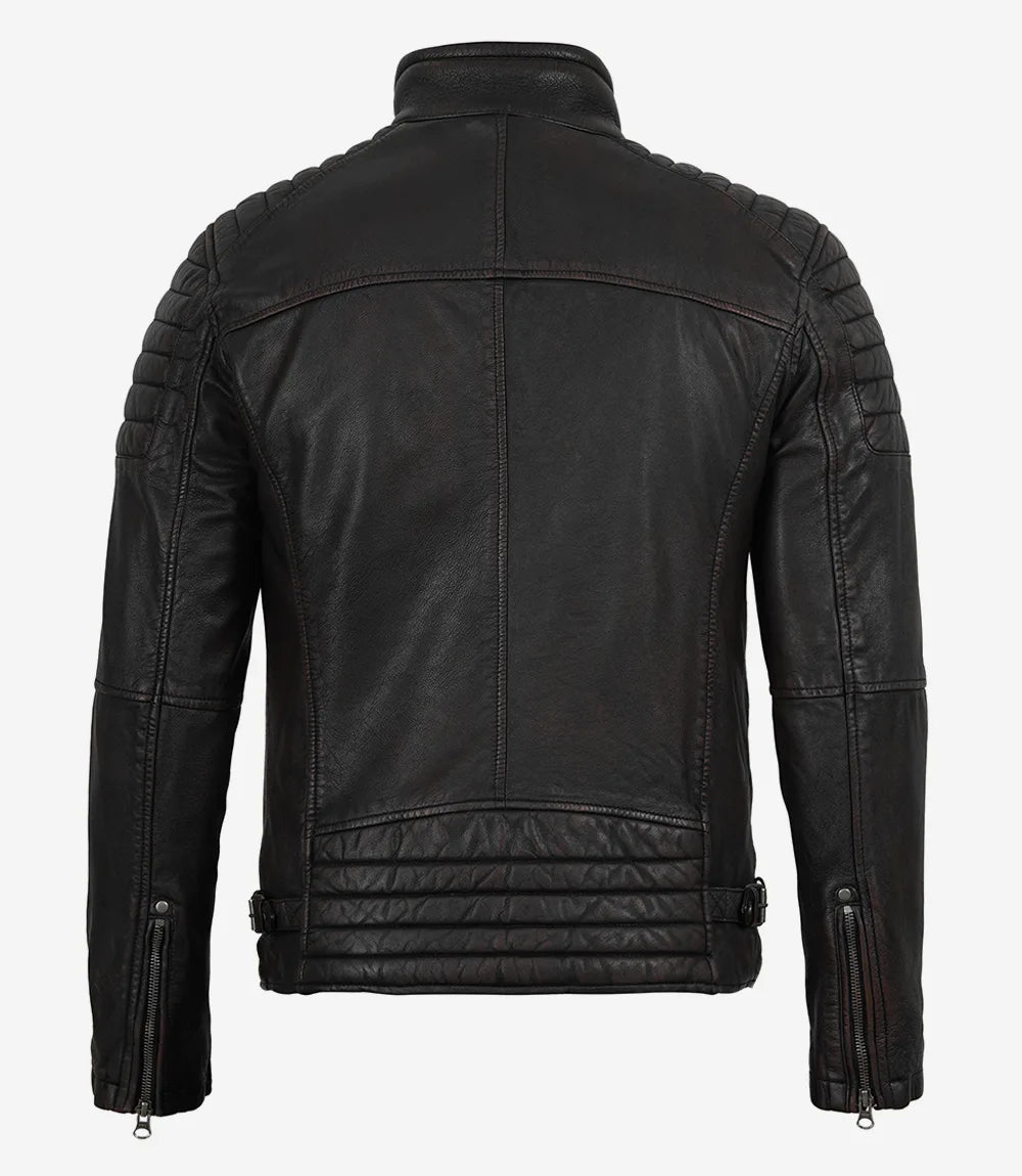Men's Maroon Distressed Black Washed Leather Jacket - Biker Style - Image 4