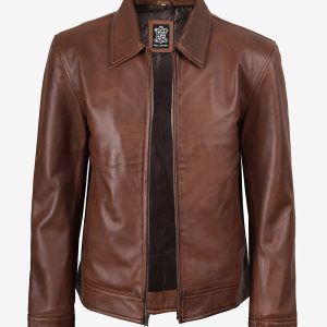 Men's Cognac Brown Harrington Leather Jacket | Shirt Collar