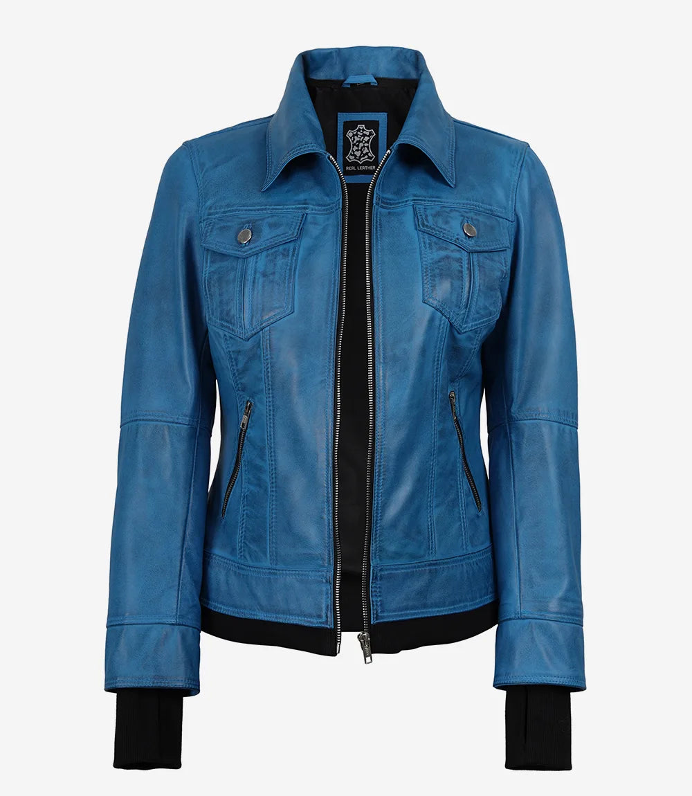 Women's Vivid Blue Lambskin Leather Jacket - Removable Hood - Image 5
