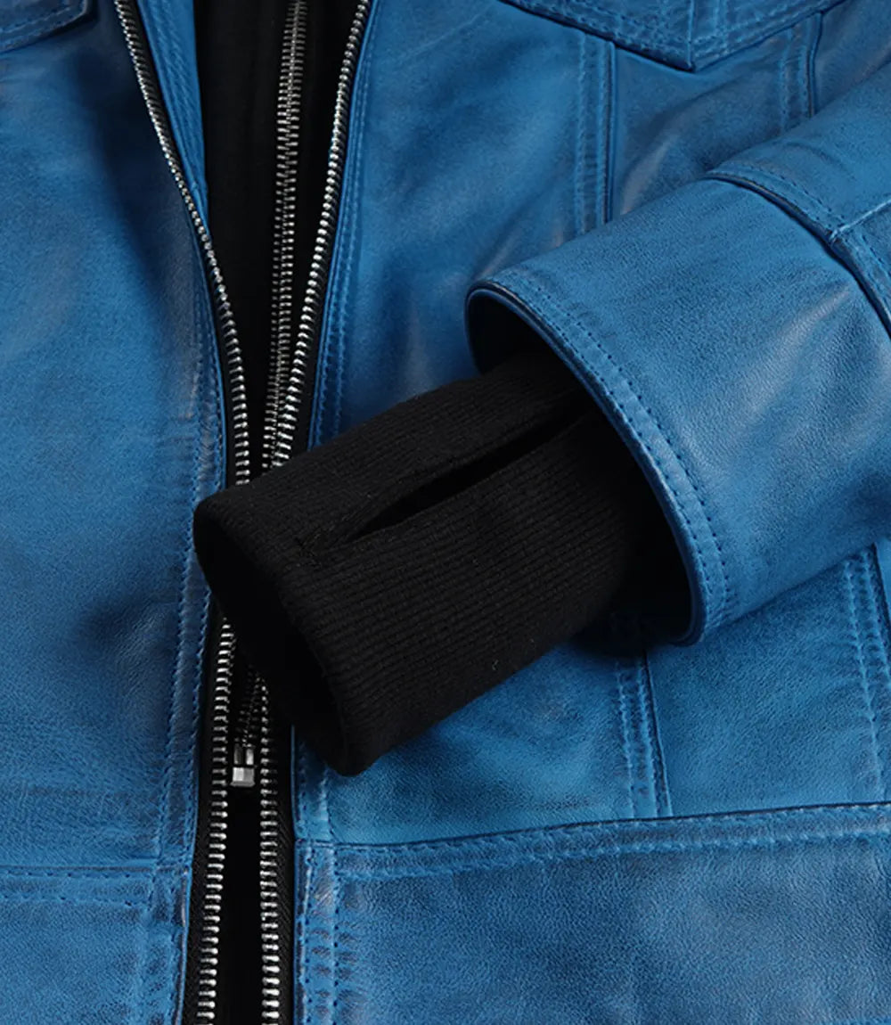 Women's Vivid Blue Lambskin Leather Jacket - Removable Hood - Image 9