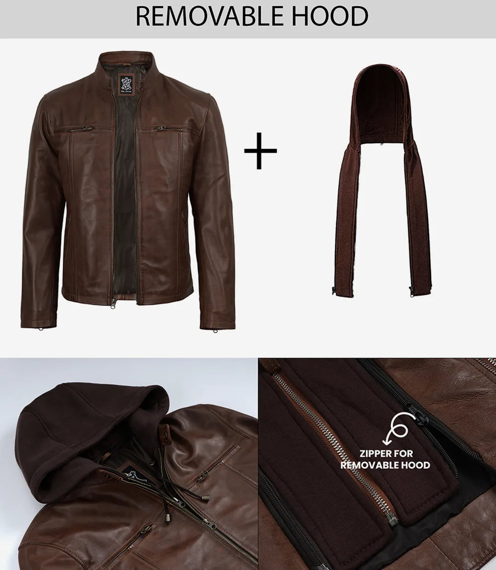 Mens Cognac Wax Cafe Racer Style Leather Jacket with Removable Hood - Image 7