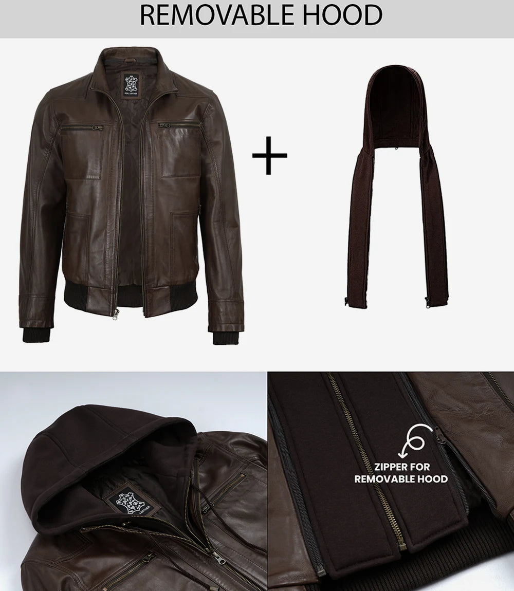 Men's Dark Brown Bomber Leather Jacket With Removable Hood - Image 7