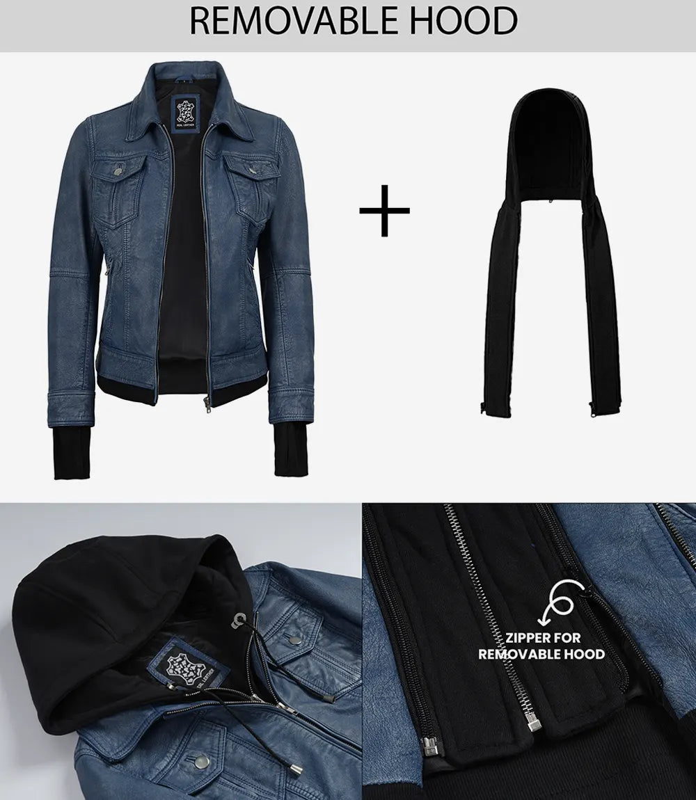 Women's Blue Leather Jacket with Removable Hood - Washed Denim Look - Image 3