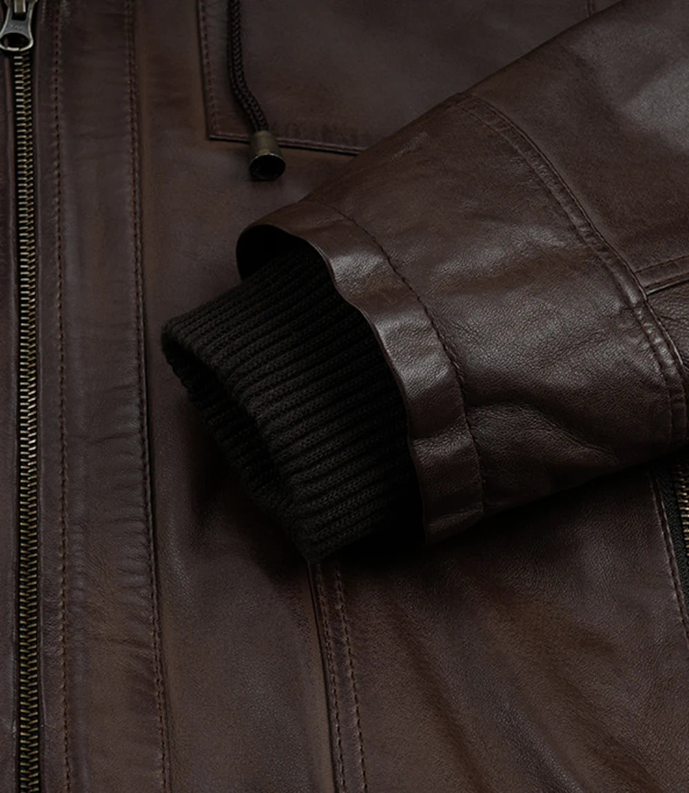 Men's Dark Brown Bomber Leather Jacket With Removable Hood - Image 9