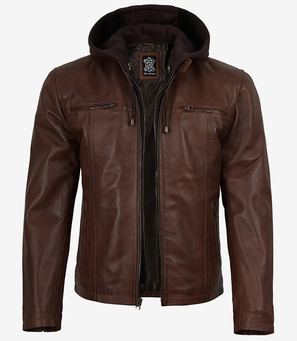 Mens Cognac Wax Cafe Racer Style Leather Jacket with Removable Hood - Image 5