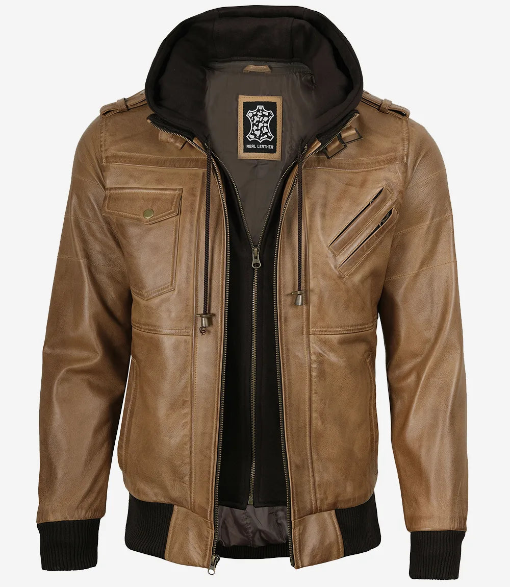 Men's Camel Brown Lambskin Bomber Jacket with Removable Hood - Image 6