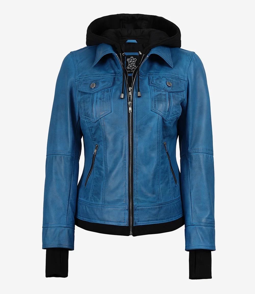 Women's Vivid Blue Lambskin Leather Jacket - Removable Hood - Image 4