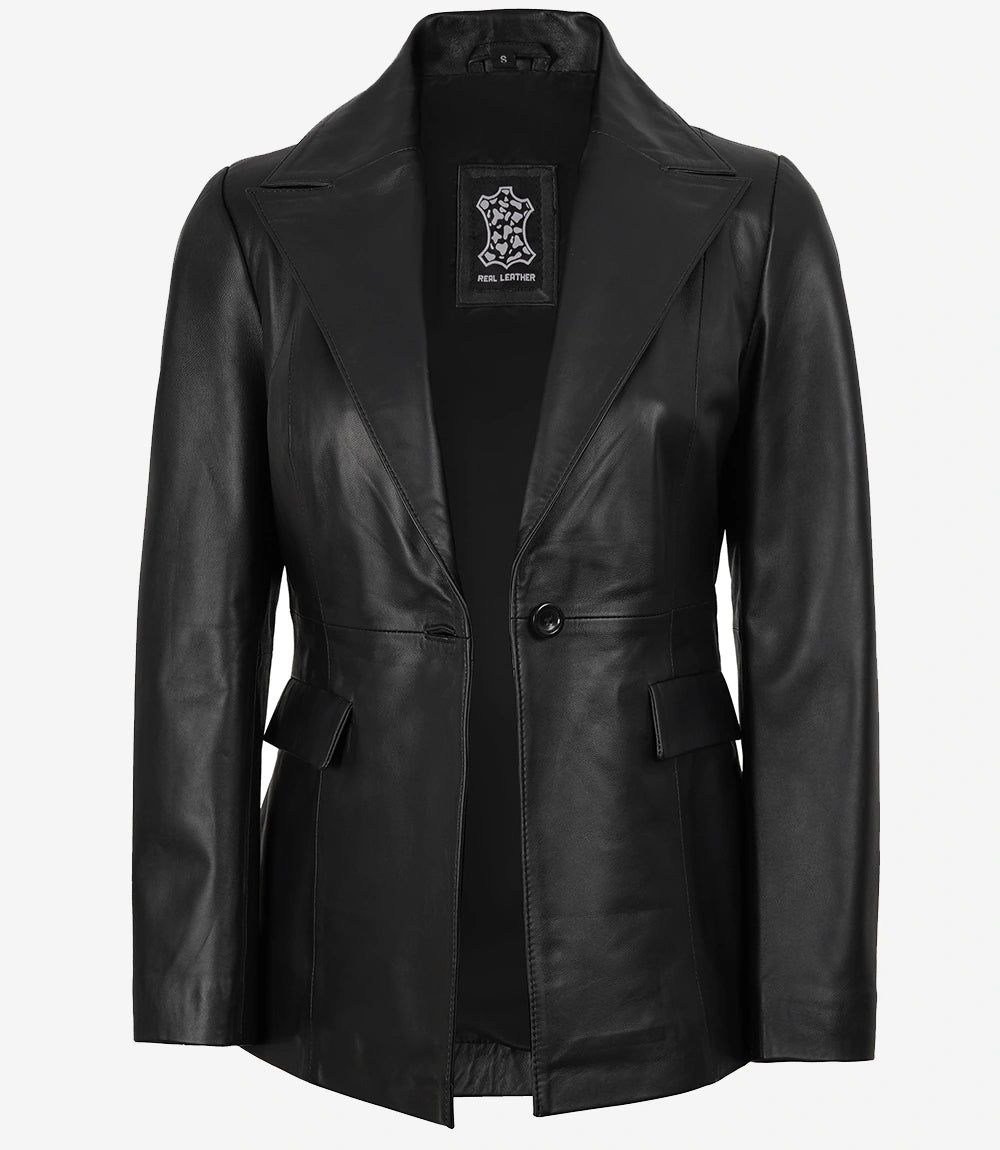Women's Black Lambskin Single-Button Notch Lapel Blazer - Image 3