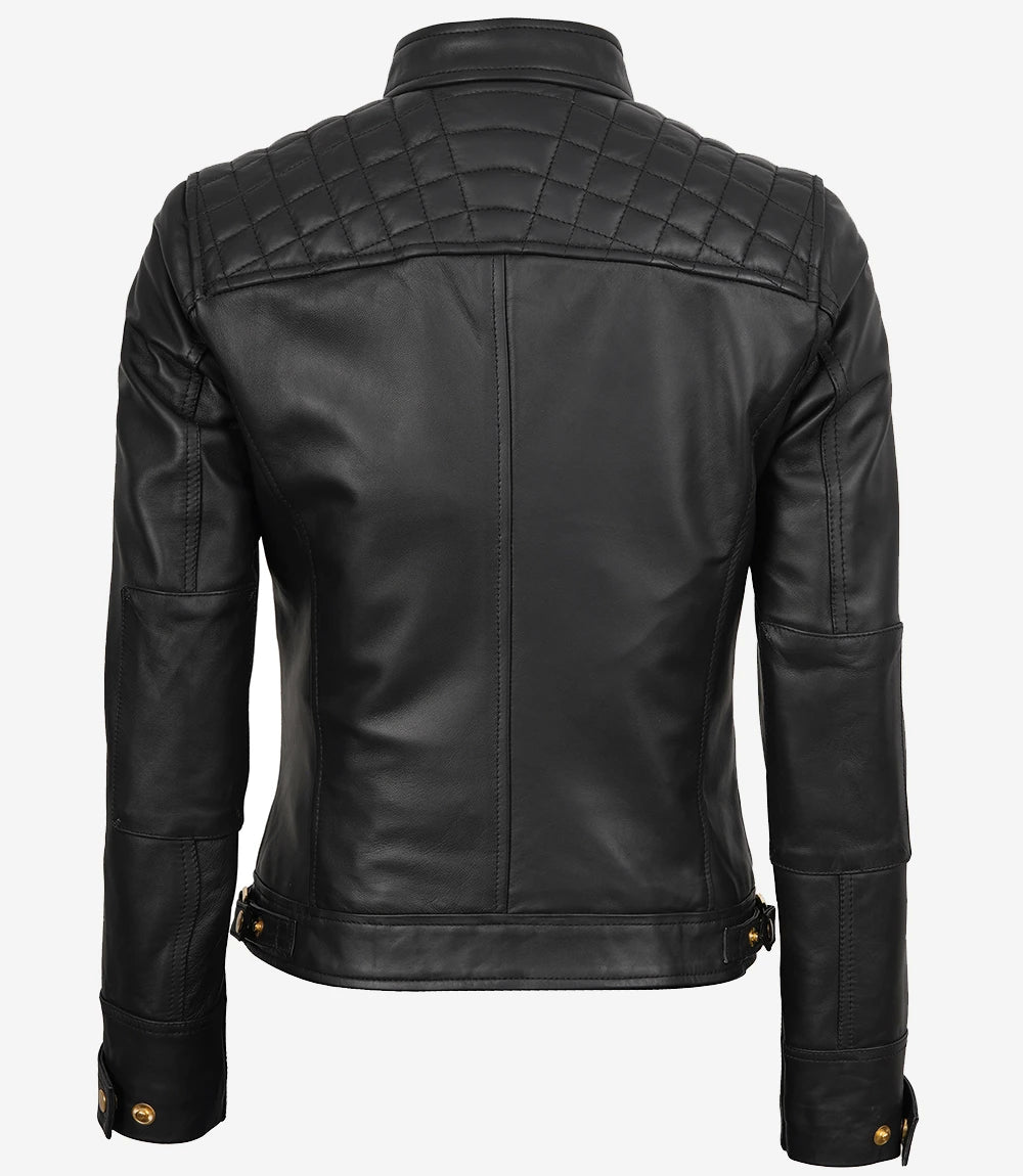 Women's Black Quilted Lambskin Biker Jacket — Gold Zippers & Snap Cuffs - Image 2