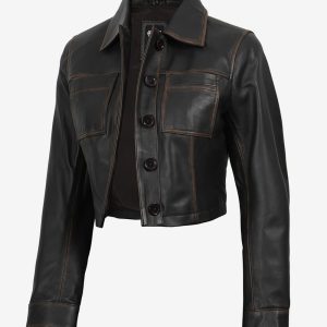 Women's Dark Brown Cropped Harrington Leather Jacket