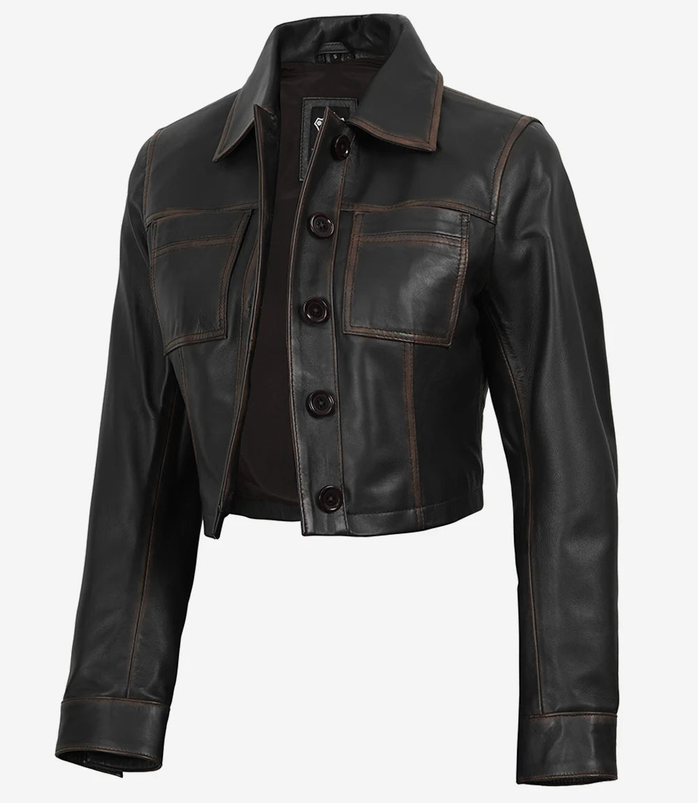 Women's Dark Brown Cropped Harrington Leather Jacket