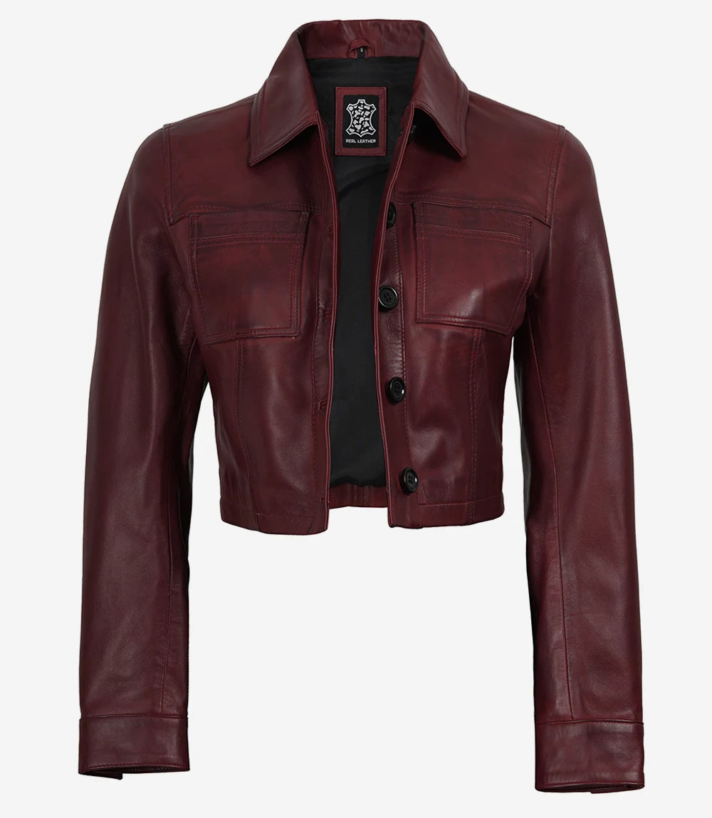 Women's Burgundy Wax Cropped Harrington Leather Jacket - Image 2