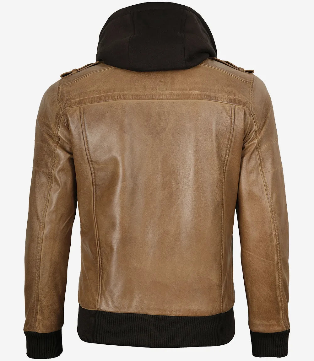 Men's Camel Brown Lambskin Bomber Jacket with Removable Hood - Image 3