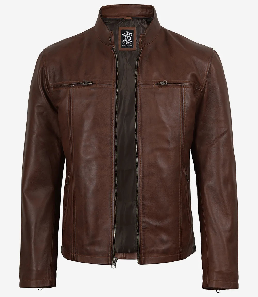 Mens Cognac Wax Cafe Racer Style Leather Jacket with Removable Hood - Image 4