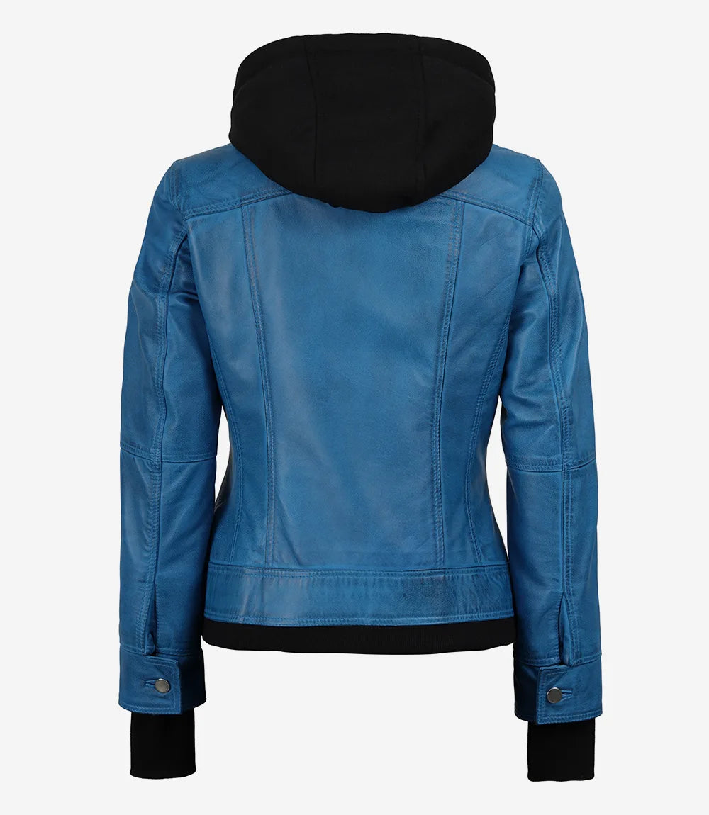 Women's Vivid Blue Lambskin Leather Jacket - Removable Hood - Image 6