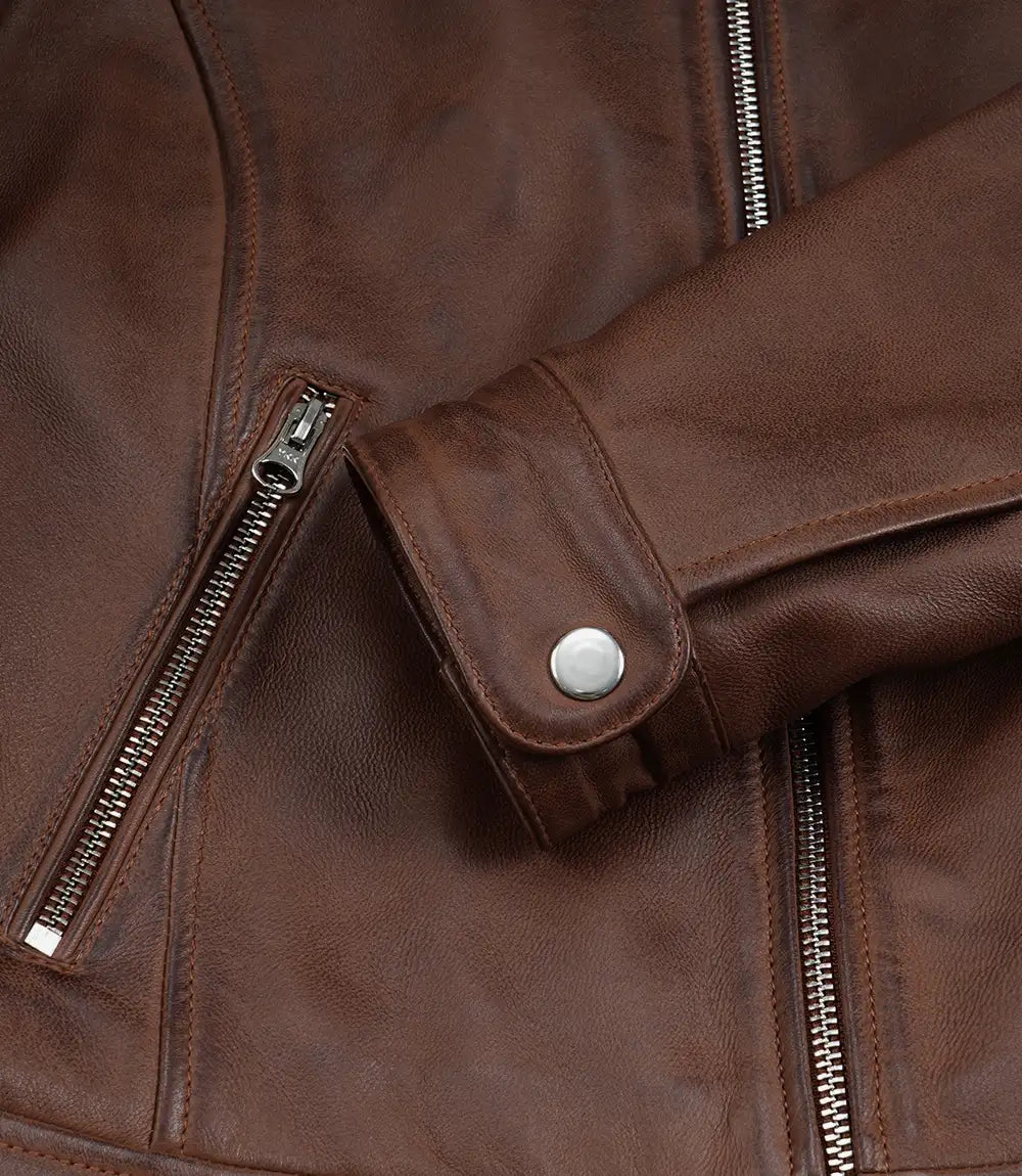 Women's Cognac Wax Cafe Racer Style Leather Jacket - Image 6
