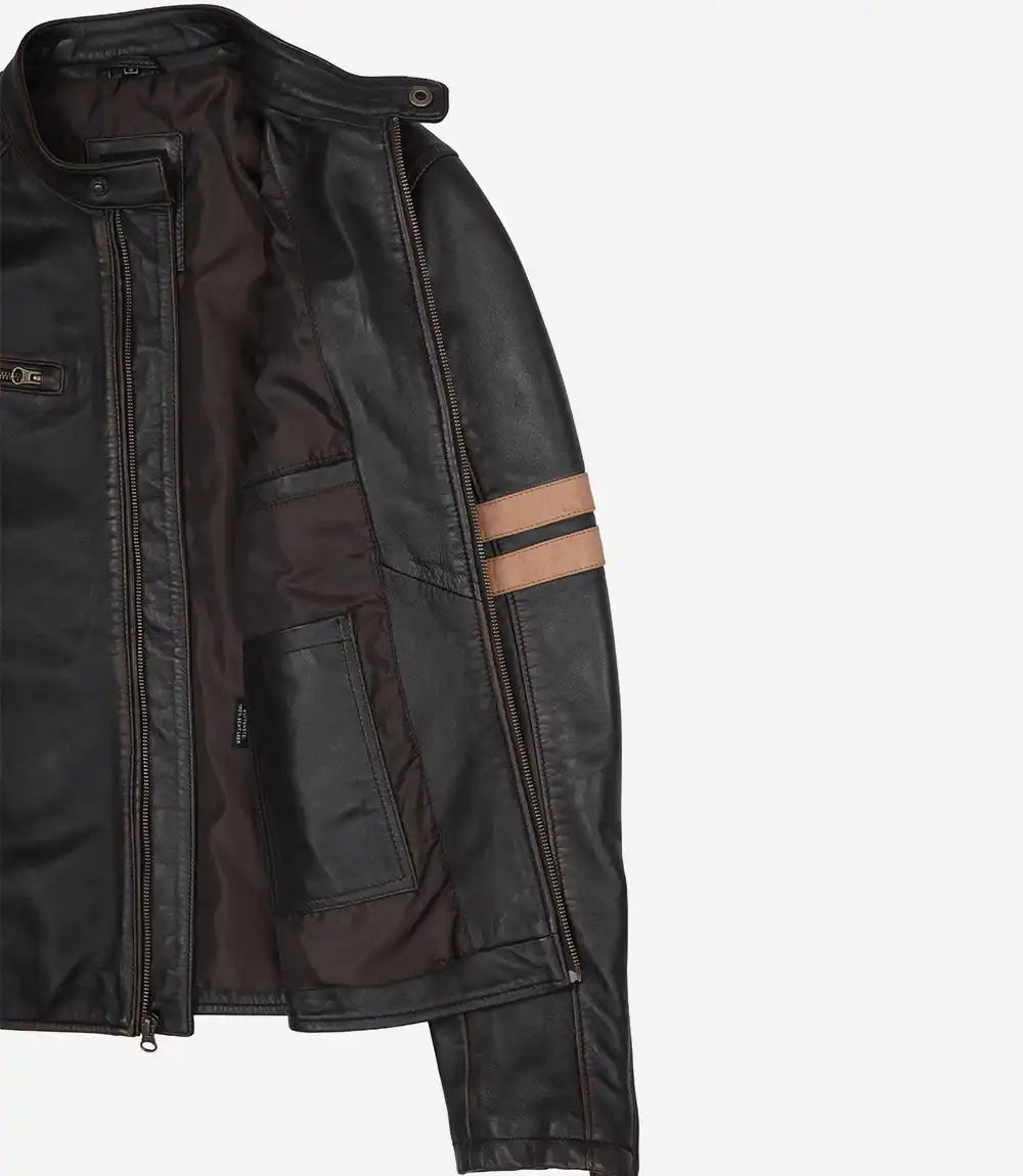 Men's Dark Brown Rub-Off Lambskin Cafe Racer Jacket with Tan Stripes - Image 7