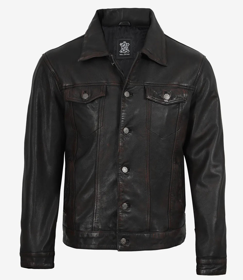 Men's Maroon Distressed Black-Washed Lambskin Trucker Jacket - Image 4