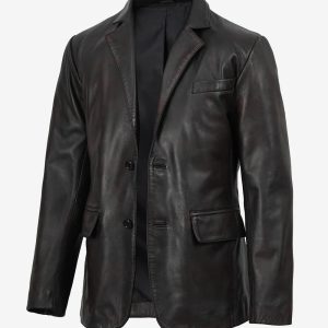Men's Black Leather Blazer, Maroon Distressed Lambskin